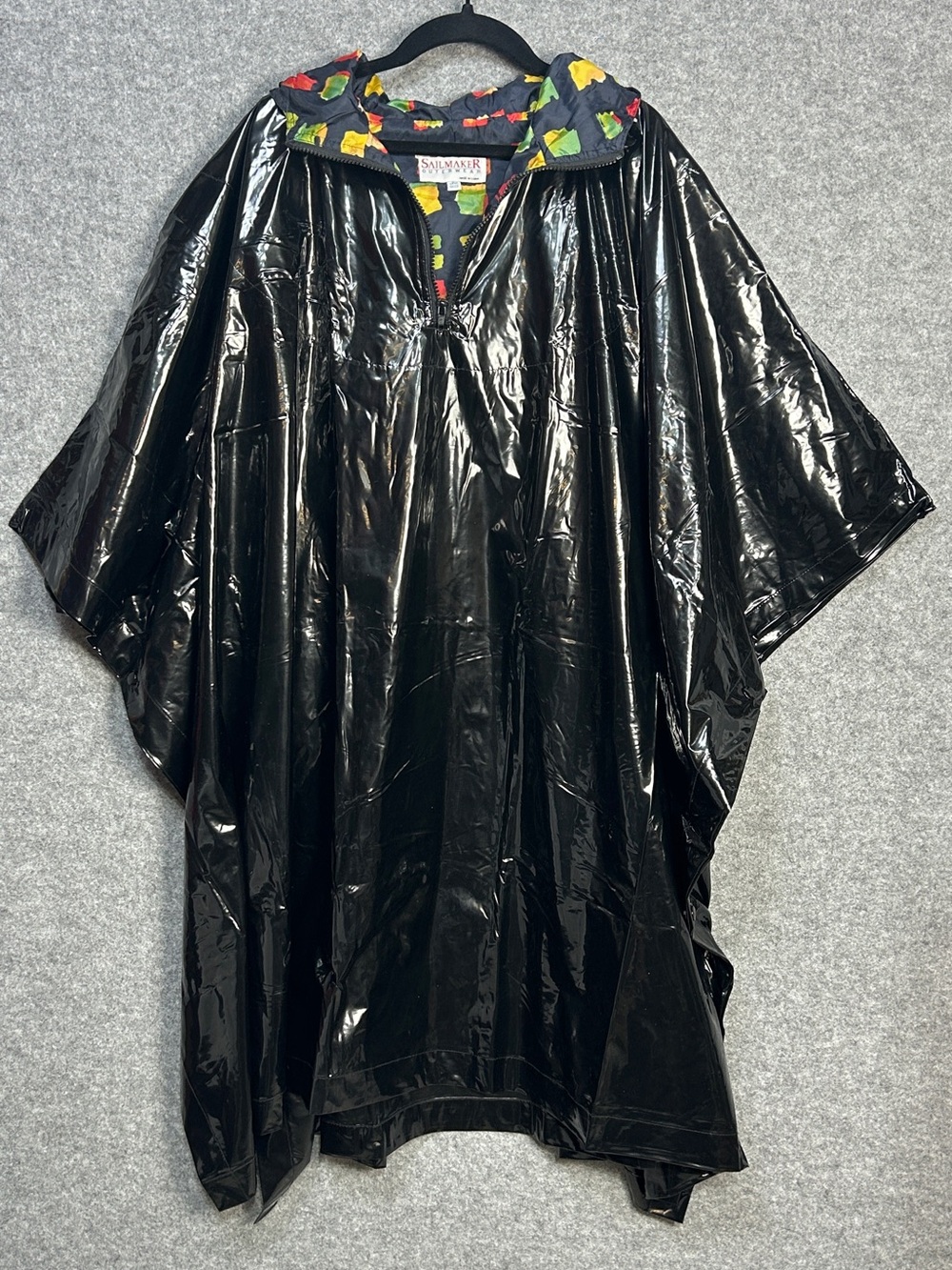Sailmaker Outerwear Black Rain Poncho Colorful Lined Hood VTG 1990’s Fisherman